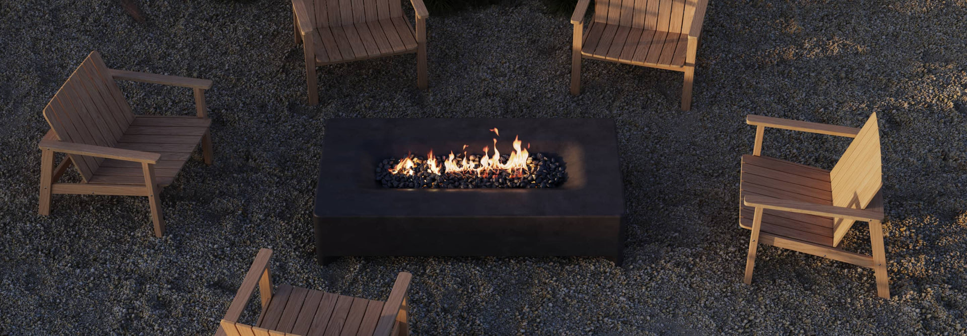 Neighbor rectangular fire pit table in a backyard surrounded by teak Adirondack chairs