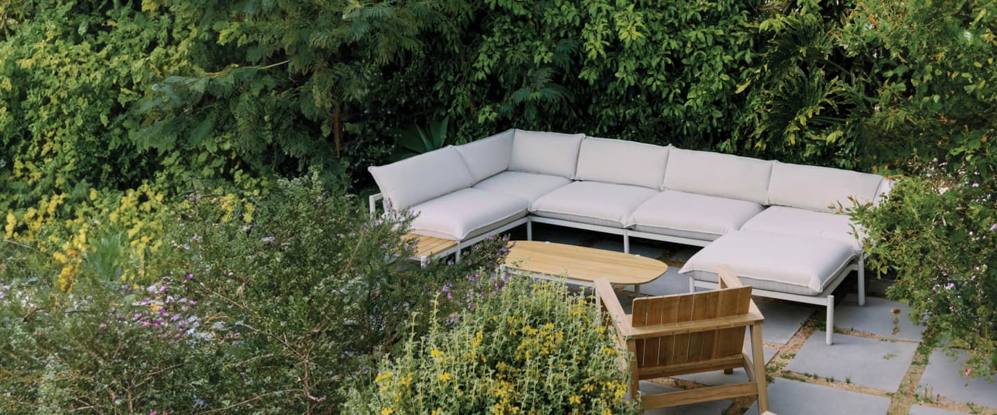 Neighbor aluminum outdoor sectional and teak coffee table
