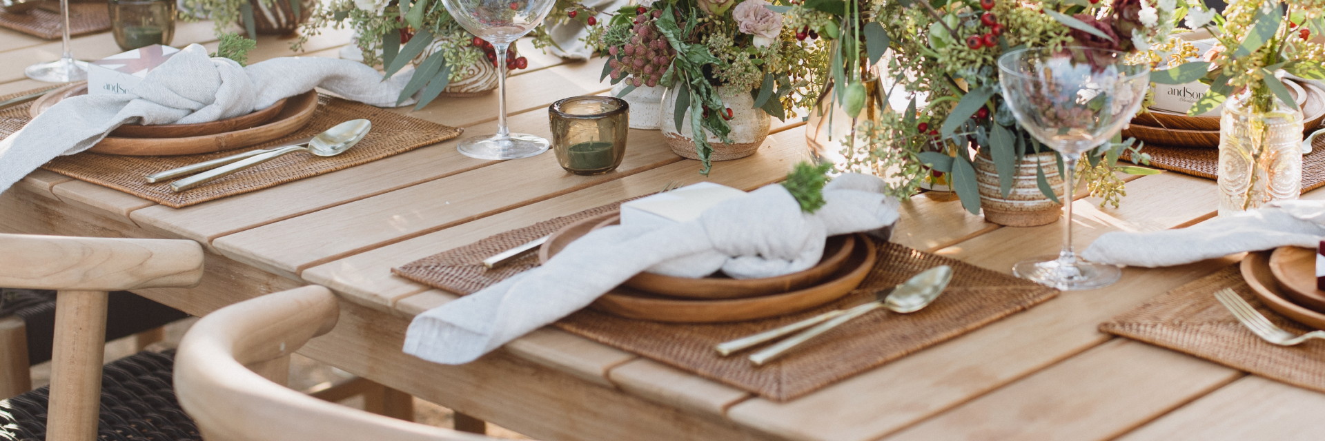 Neighbor teak outdoor dining table with table settings