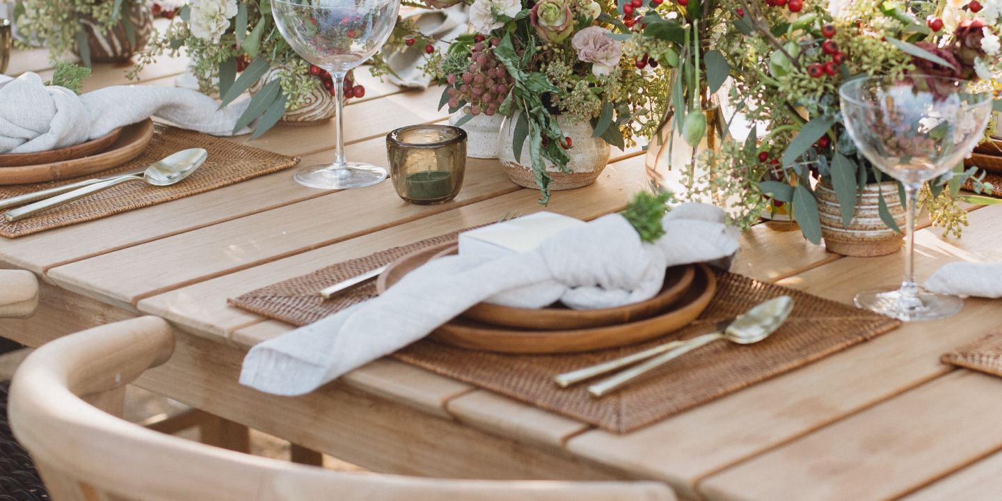 Neighbor teak outdoor dining table with table settings