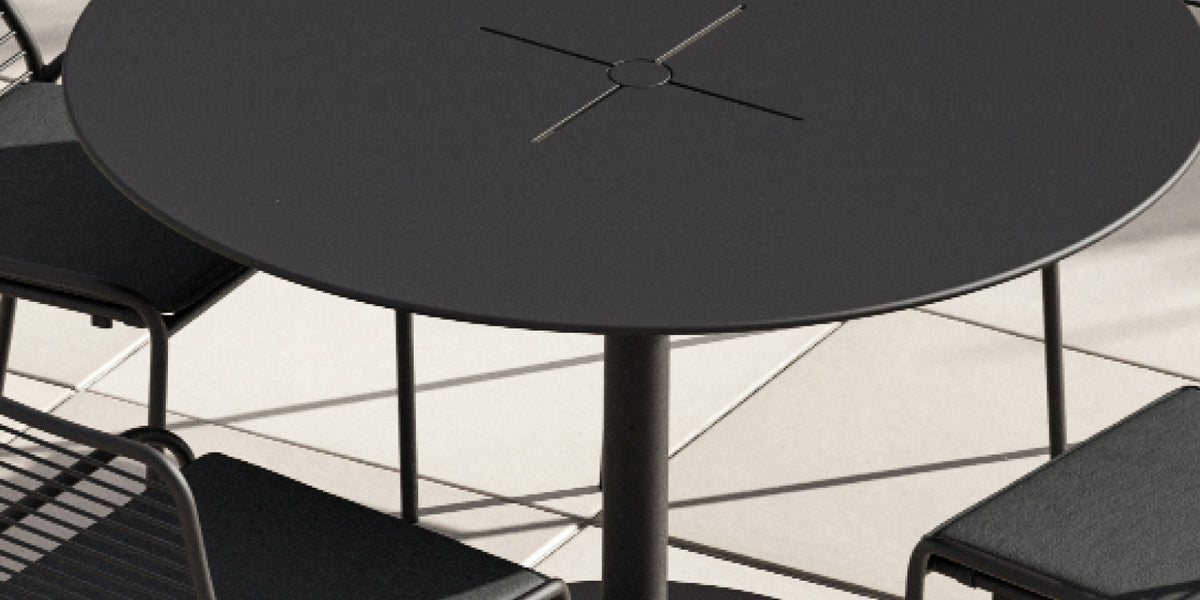 Neighbor black round outdoor table with umbrella stand