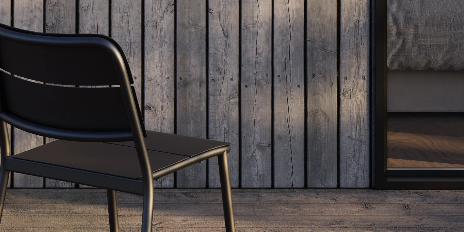 Overhead detail of Neighbor Bandwidth Dining Chair on wood deck in warm afternoon light