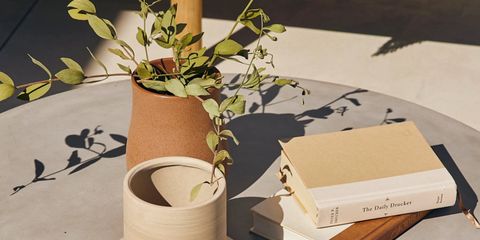 Neighbor Haven Round Coffee Table with concrete top, terracotta vase with plant and books on top, sunny patio