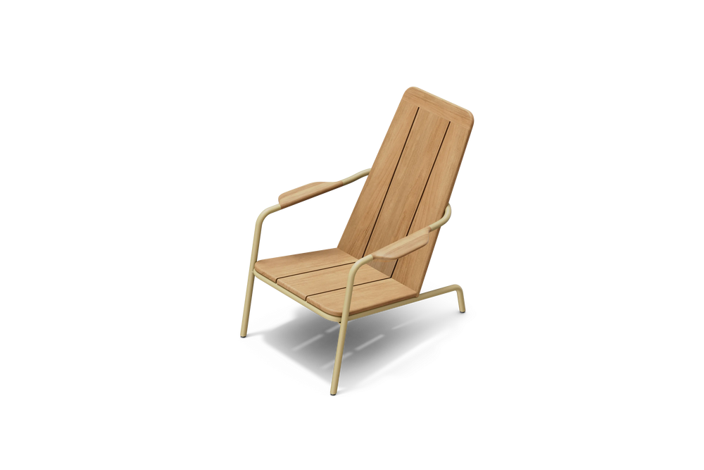 Neighbor Hopper Chair in sand finish, elevated three-quarter view highlighting overall form and proportions on black background