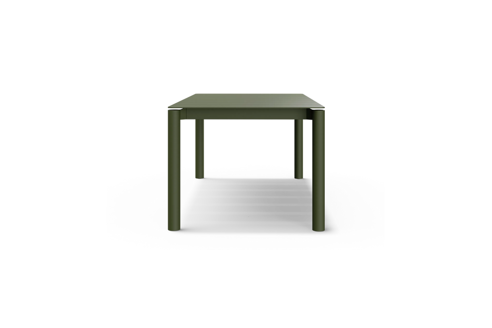 Bandwidth Dining Table, in Olive, side view