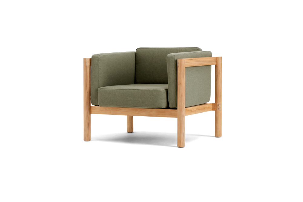Haven Chair, with cushion arms, in Leaf, three-quarter view