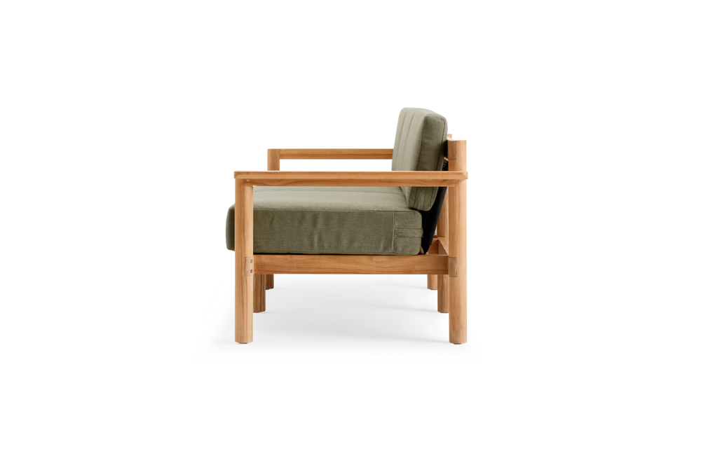 Haven Sofa, with teak arms, in Leaf, profile view