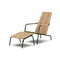 Three-quarter view of Neighbor Hopper Chair and Ottoman with natural wood slats and olive green aluminum frame