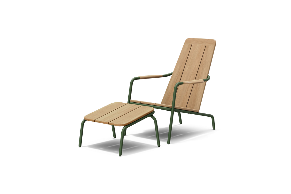Three-quarter view of Neighbor Hopper Chair and Ottoman with natural wood slats and olive green aluminum frame