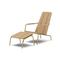 Three-quarter view of Neighbor Hopper Chair and Ottoman in sand finish with natural wood slats and tan aluminum frame