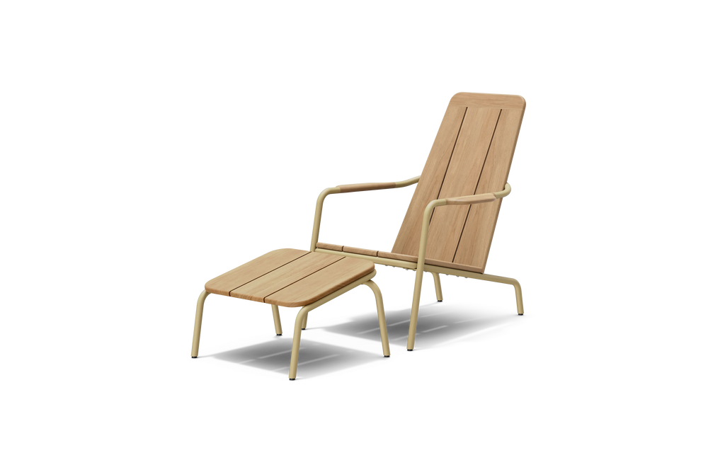 Three-quarter view of Neighbor Hopper Chair and Ottoman in sand finish with natural wood slats and tan aluminum frame