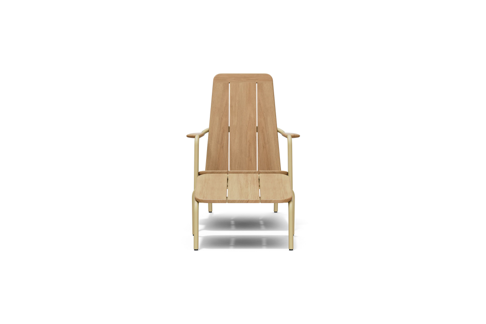 Neighbor Hopper Chair and Ottoman in sand finish, front view with natural wood seat and back on black background