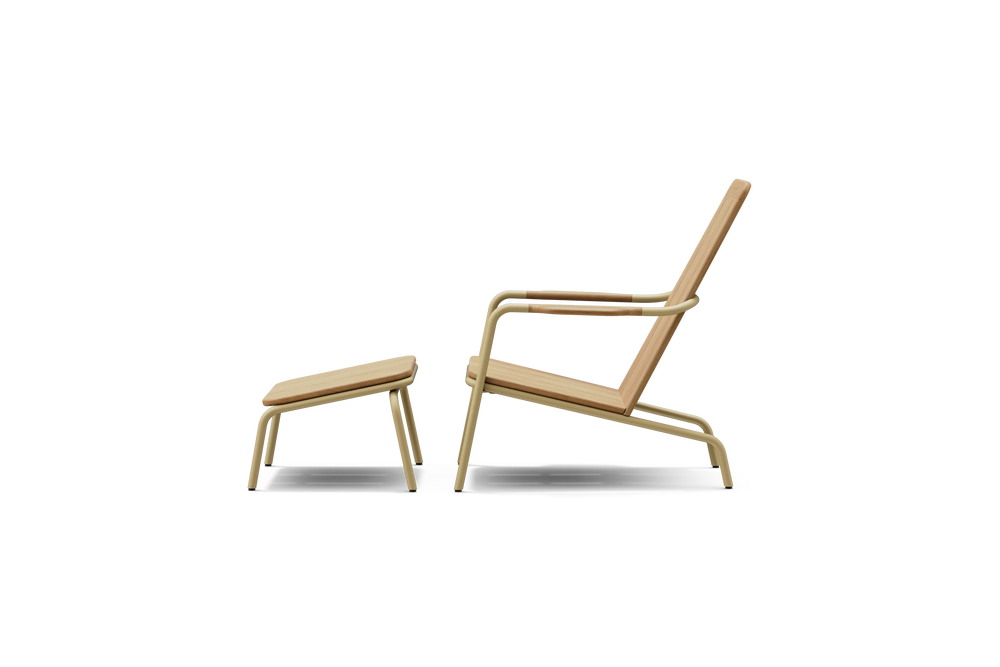 Side view of Neighbor Hopper Chair with Hopper Ottoman in sand color with aluminum frame and wood seat slats