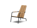 Neighbor Hopper Chair in charcoal black metal frame with natural wood seat, three-quarter angle view