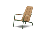 Neighbor Hopper Chair in olive green metal frame with natural wood seat, three-quarter angle view