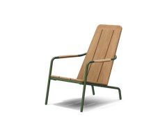 Neighbor Hopper Chair in olive green metal frame with natural wood seat, three-quarter angle view