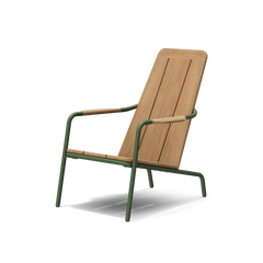 Neighbor Hopper Chair in olive green metal frame with natural wood seat, three-quarter angle view
