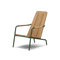 Neighbor Hopper Chair in olive green metal frame with natural wood seat, three-quarter angle view