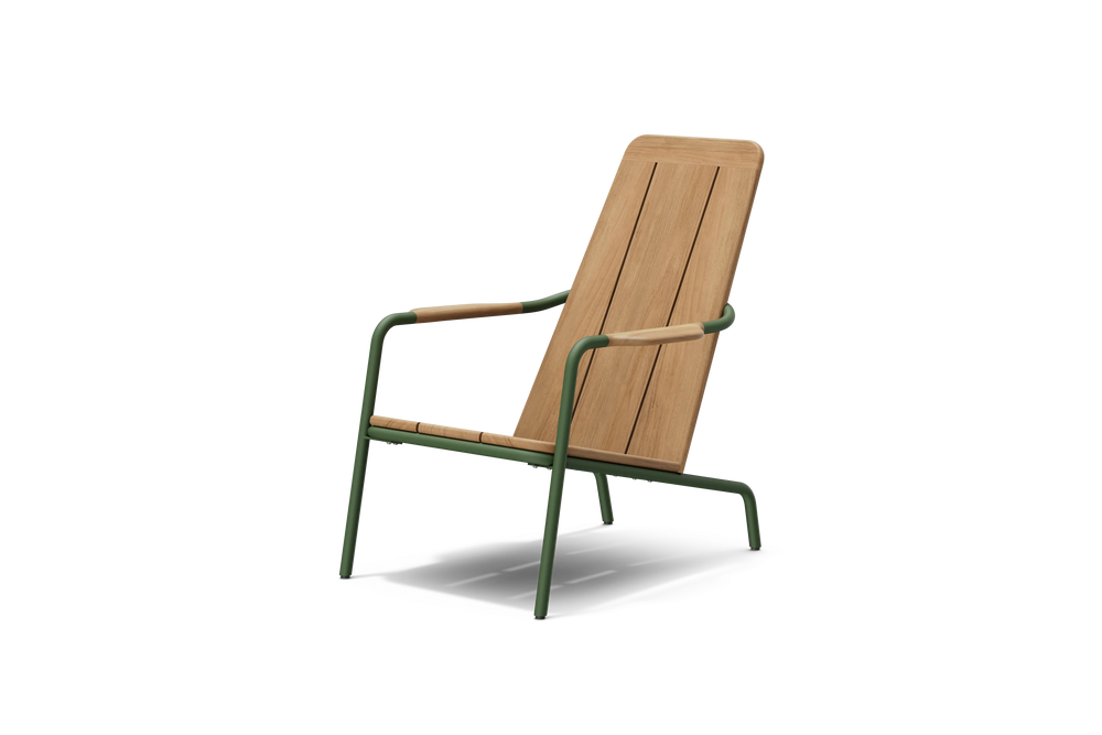 Neighbor Hopper Chair in olive green metal frame with natural wood seat, three-quarter angle view