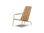 Neighbor Hopper Chair in sand finish, three-quarter view with natural wood seat and back, metal frame on black background