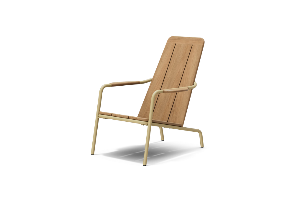 Neighbor Hopper Chair in sand finish, three-quarter view with natural wood seat and back, metal frame on black background