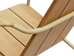 Neighbor Hopper Chair close-up detail of seat and armrest design showing wood slats and curved metal frame support