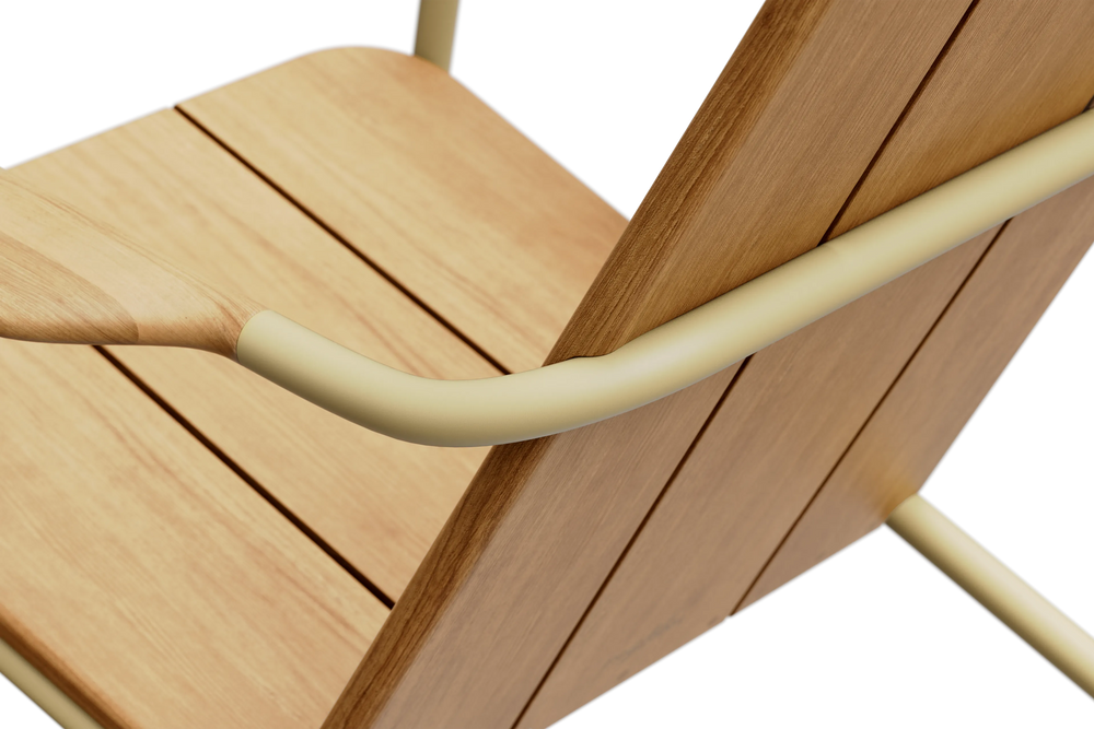 Neighbor Hopper Chair close-up detail of seat and armrest design showing wood slats and curved metal frame support