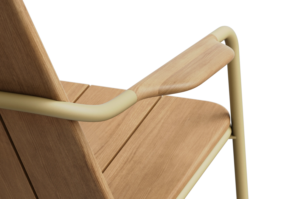Neighbor Hopper Chair detail shot showing armrest and seat joinery with wood grain texture and metal frame connection