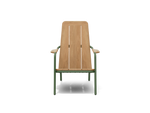 Neighbor Hopper Chair in olive finish with natural wood seat, front view with green metal frame on black background