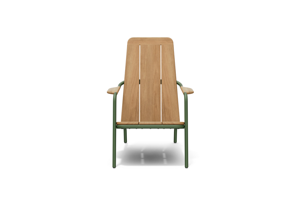 Neighbor Hopper Chair in olive finish with natural wood seat, front view with green metal frame on black background