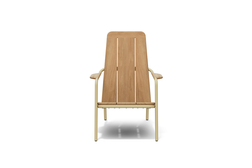 Neighbor Hopper Chair in sand finish, front view showing wooden slat backrest with curved armrests on light background