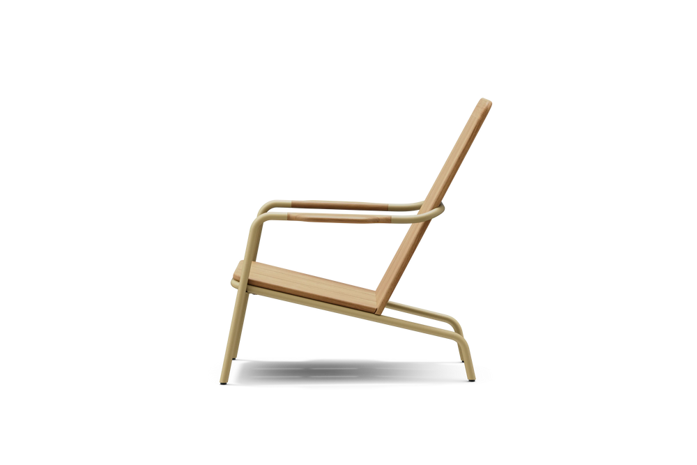 Neighbor Hopper Chair in sand finish, side profile view showing curved back and seat design with metal frame on black background