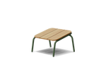Neighbor Hopper Ottoman in olive finish, three-quarter view, light wood seat with olive-green metal frame against dark background