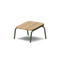 Neighbor Hopper Ottoman in olive finish, three-quarter view, light wood seat with olive-green metal frame against dark background