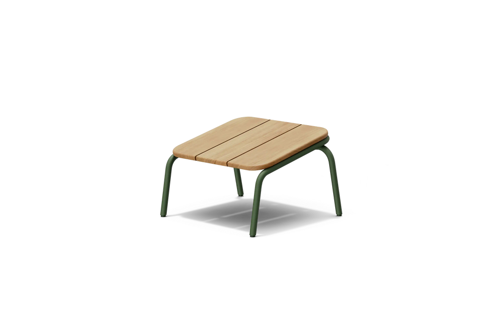 Neighbor Hopper Ottoman in olive finish, three-quarter view, light wood seat with olive-green metal frame against dark background