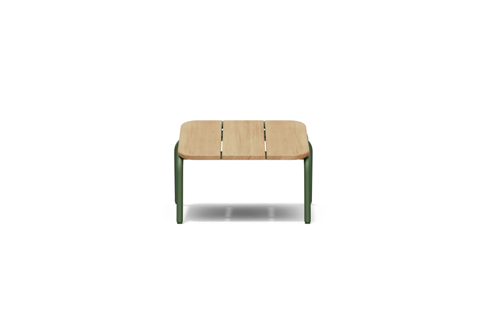 Neighbor Hopper Ottoman in olive finish, front view, light wood seat with olive-green metal frame