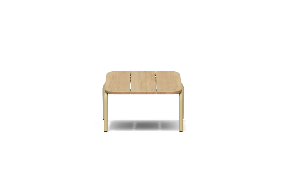 Neighbor Hopper Ottoman in sand finish, front view, light wood seat with tan metal frame