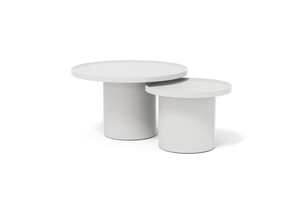 Neighbor Ped Coffee Table and Short Side Table in Bone, nested pair, side profile view