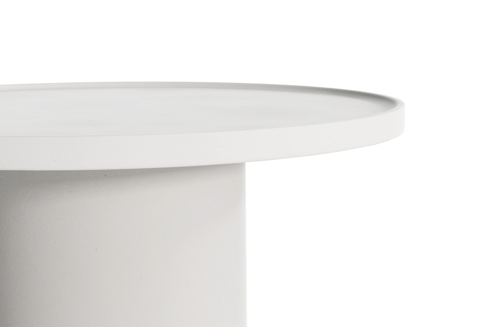 Neighbor Ped Coffee Table in Bone, raised tabletop edge and pedestal base detail