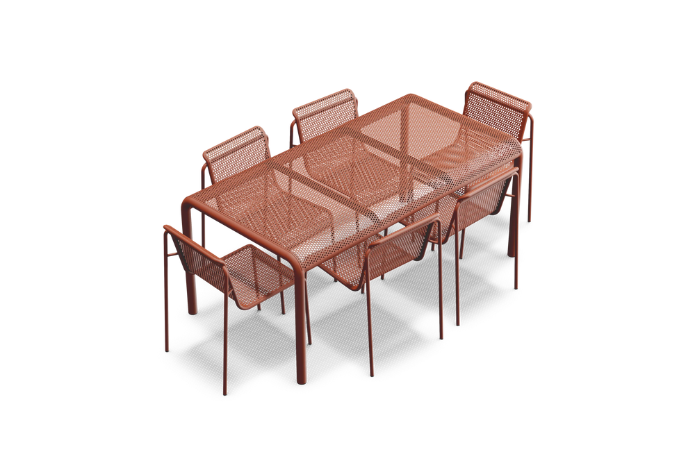 Perf Dining Set, in Rust, three-quarter view