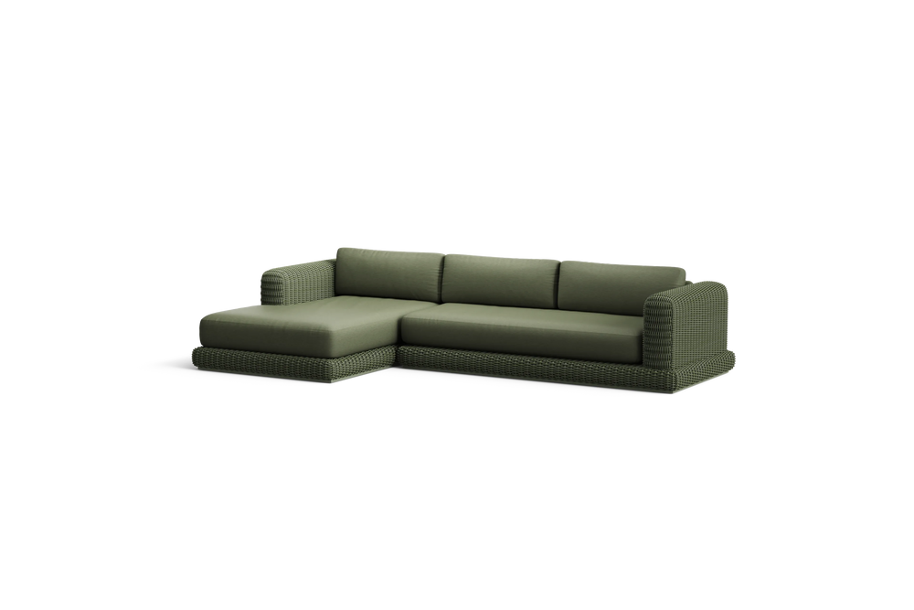 Roundabout Chaise Sofa, left-facing, in Olive, three-quarter view