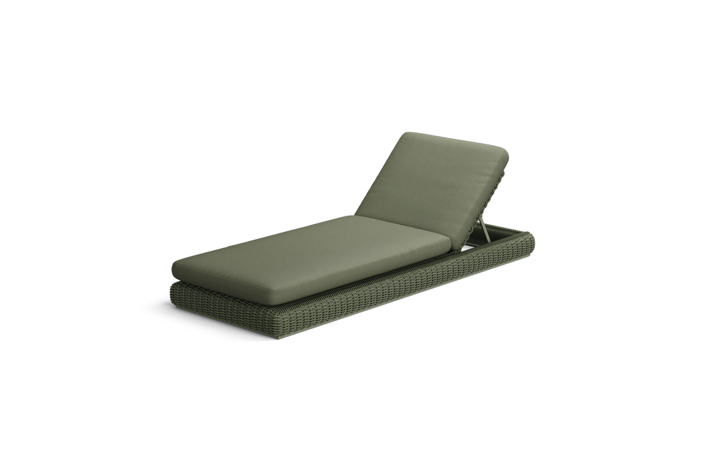 Neighbor Roundabout Sun Lounger with woven all-weather wicker base and a thick cushion, shown in articulated position with the backrest raised, cushion shown in olive green, three-quarter angle view.