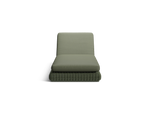 Neighbor Roundabout Sun Lounger with woven all-weather wicker base and a thick cushion, shown in articulated position with the backrest raised, cushion shown in olive green, front view.
