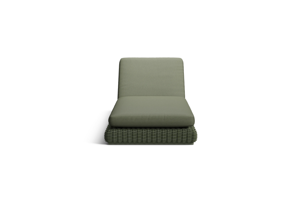 Neighbor Roundabout Sun Lounger with woven all-weather wicker base and a thick cushion, shown in articulated position with the backrest raised, cushion shown in olive green, front view.