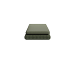 Neighbor Roundabout Sun Lounger with woven all-weather wicker base and a thick cushion, shown laid flat, cushion shown in olive green, front view.