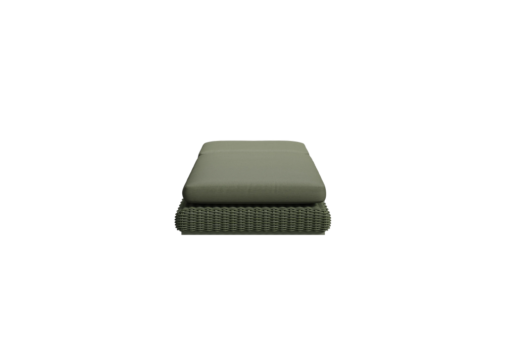Neighbor Roundabout Sun Lounger with woven all-weather wicker base and a thick cushion, shown laid flat, cushion shown in olive green, front view.