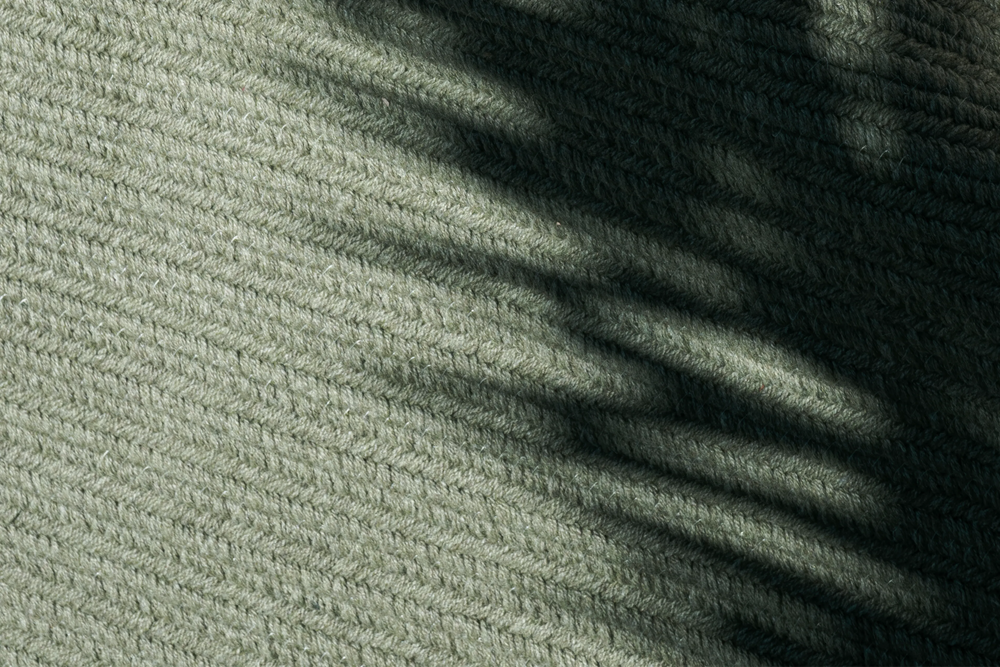 Neighbor Braid Rug in Basil, close-up showing woven texture with diagonal leaf shadows on soft sage-green fabric