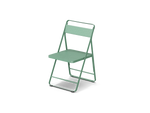 Neighbor Take Two Bistro Chair, an all-metal folding chair with perforated steel seat and backrest in juniper green-blue, three-quarter angle view.