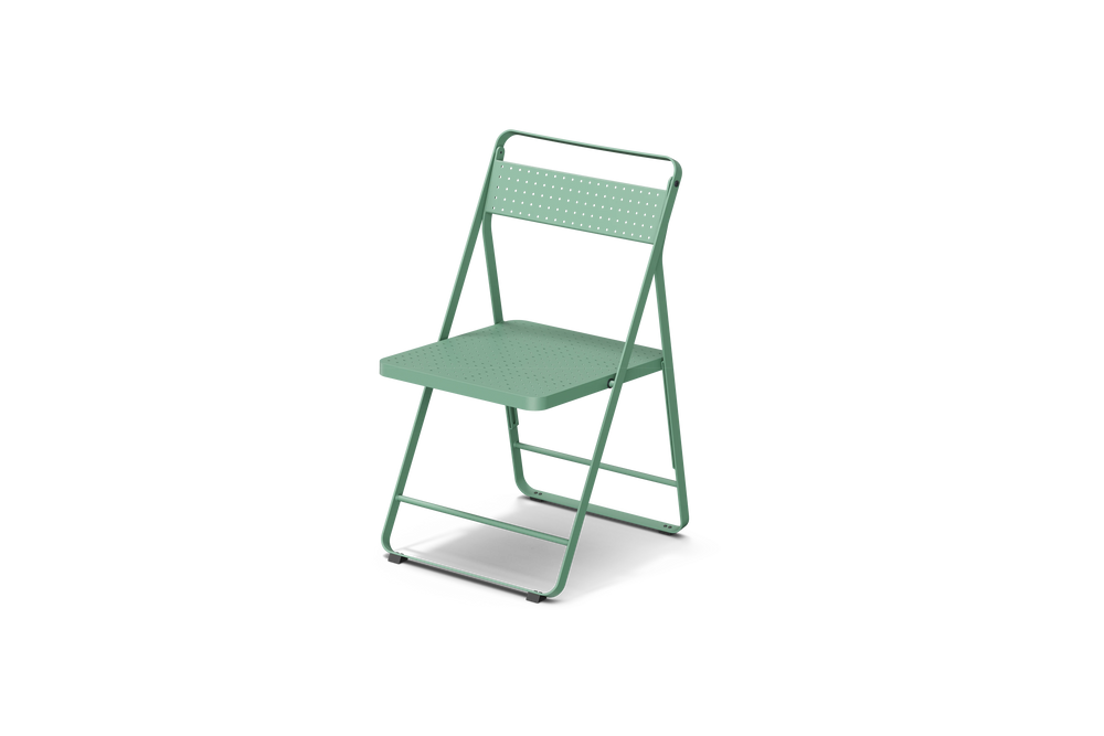 Neighbor Take Two Bistro Chair, an all-metal folding chair with perforated steel seat and backrest in juniper green-blue, three-quarter angle view.