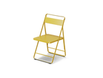 Neighbor Take Two Bistro Chair, an all-metal folding chair with perforated steel seat and backrest in bright yellow, three-quarter angle view.